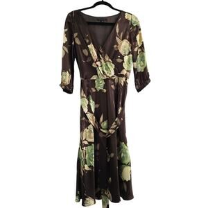 Banana Republic Silk Floral Midi Dress Brown Green 6 V-Neck Detachable Tie Waist